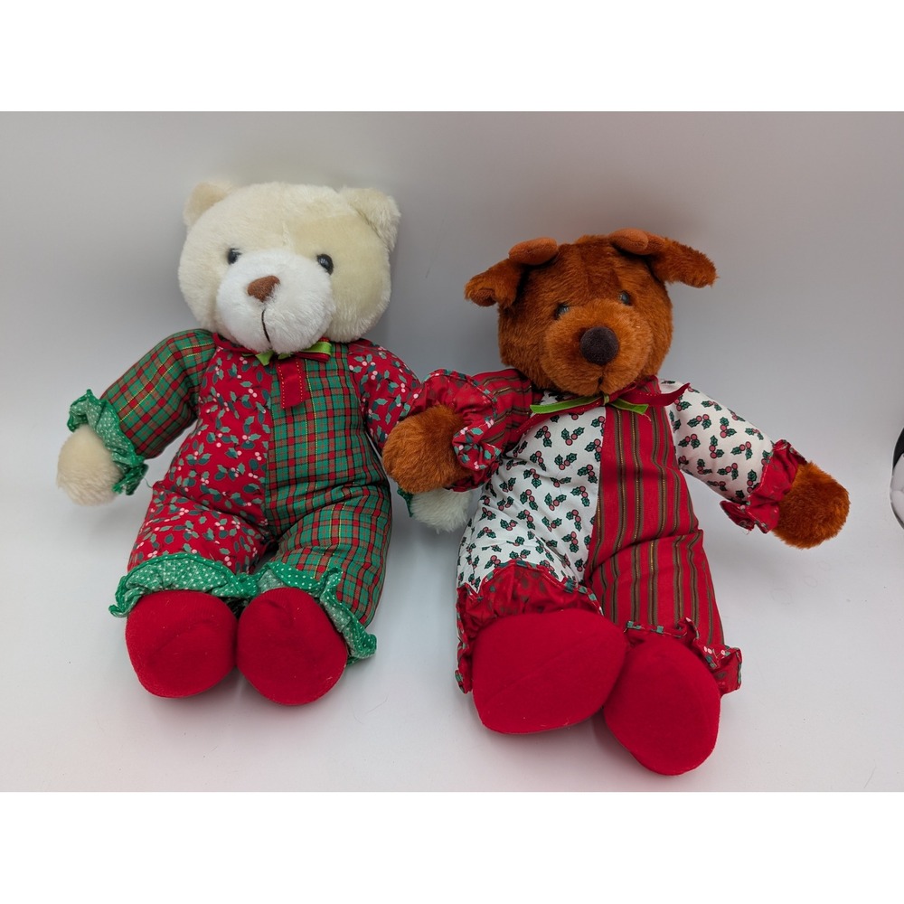 Interpur Plush Teddy Bear Deer Lot Christmas Holly Plaid Vintage 10 Inch